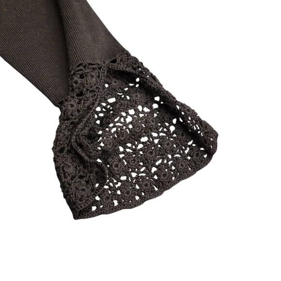 Designer Silk & Cotton with Crochet Detail on Sleeves and V Neck Black Knit Top - Picture 6 of 10
